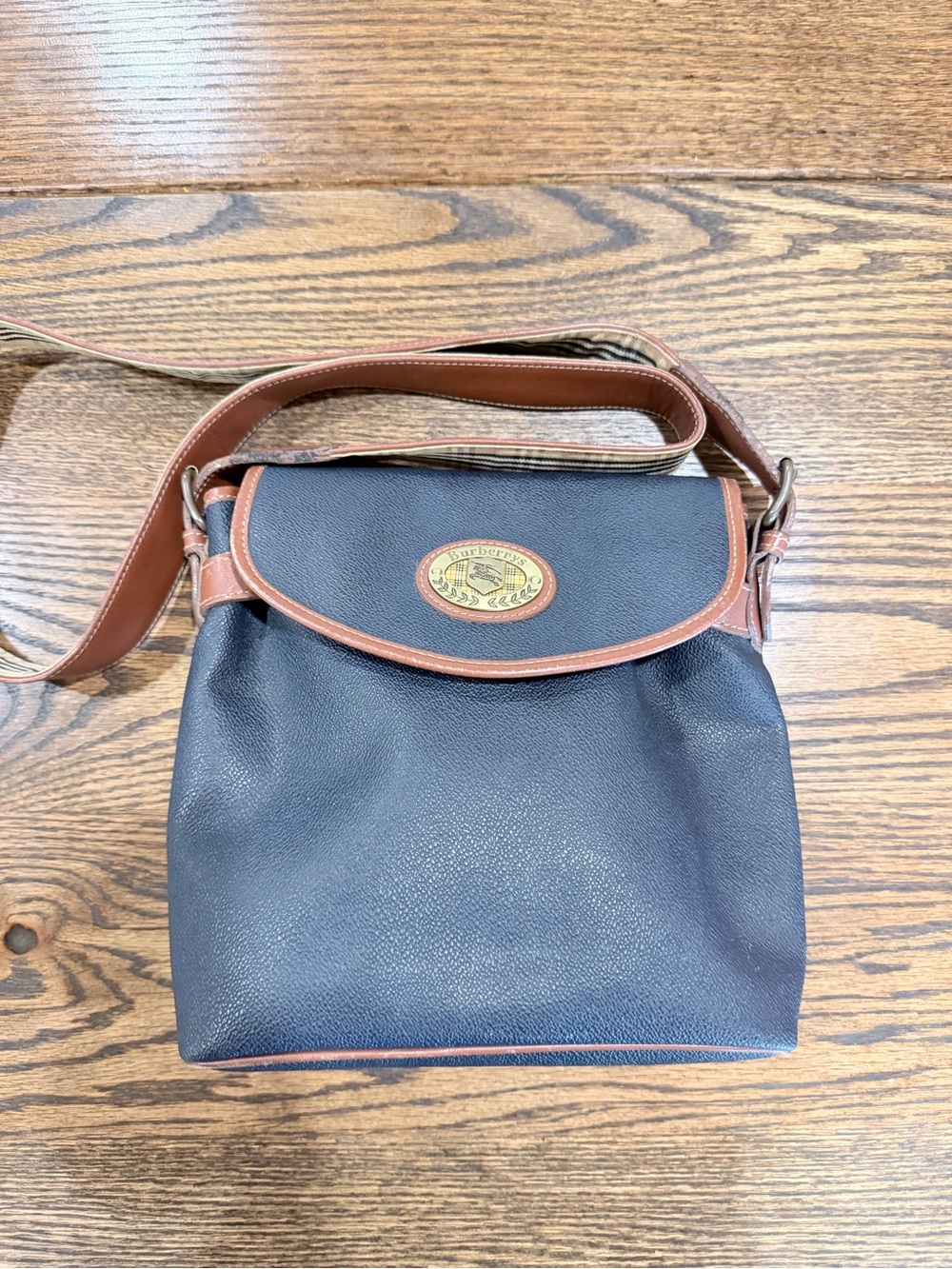 Vintage Burberry Navy and Brown Leather Trim Crossbody Bag